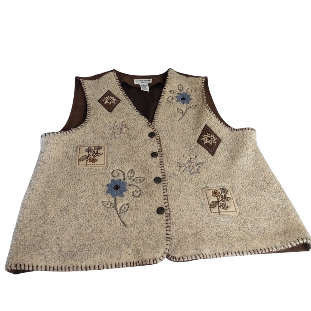 Vintage Alfred Dunner Vest Size PL  Faux Sherpa/Suede Beige/Brown Patches Button - Picture 3 of 6
